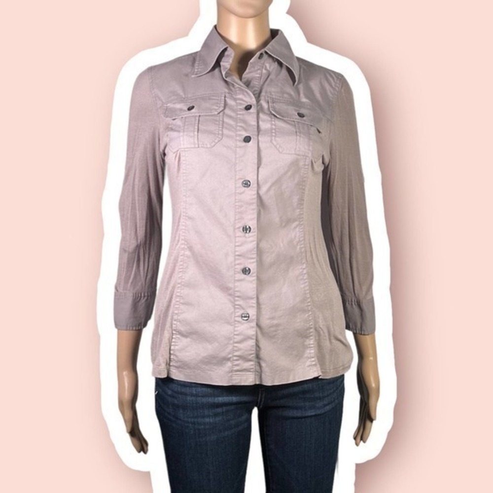 INC Brown Mixed Media Pocketed Utility Style Button Front Top Size 4 - "Lorna"